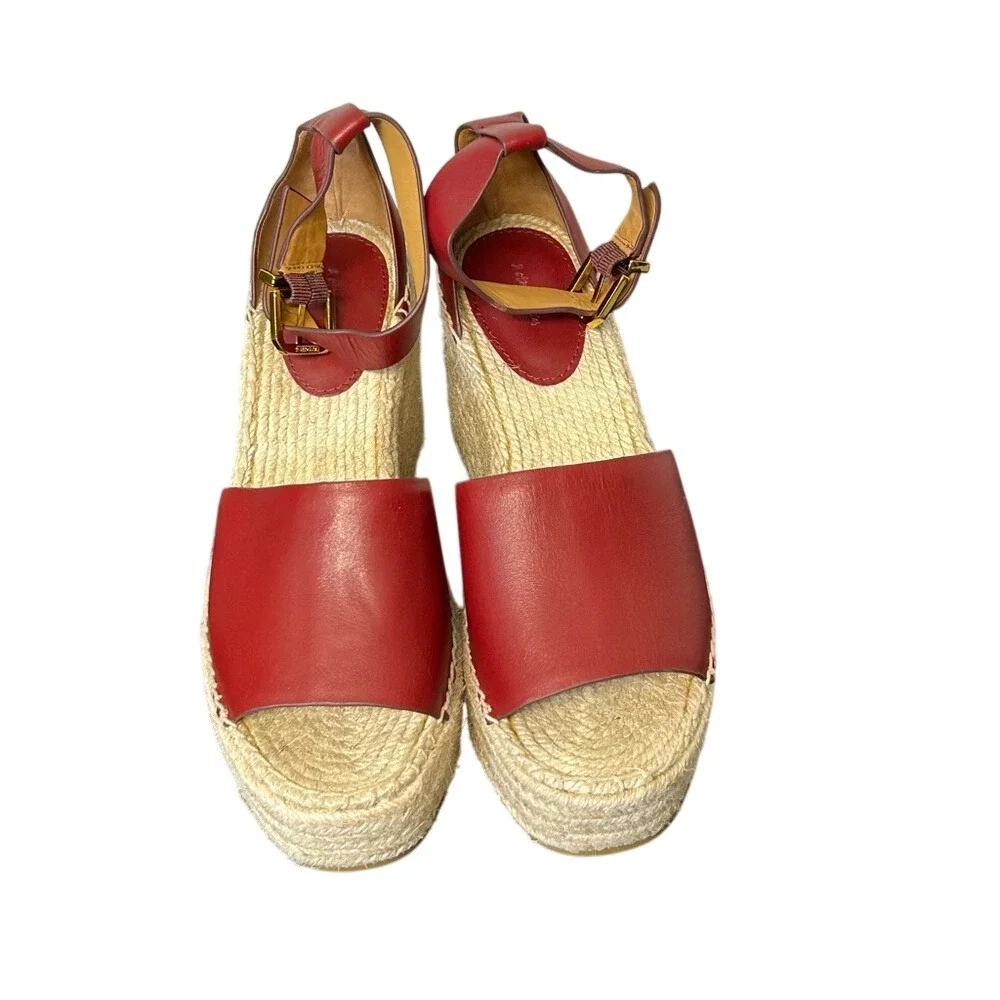 & Other Stories Red Leather Platform Espadrille Wedge Sandals - Size 38‎ / US 8